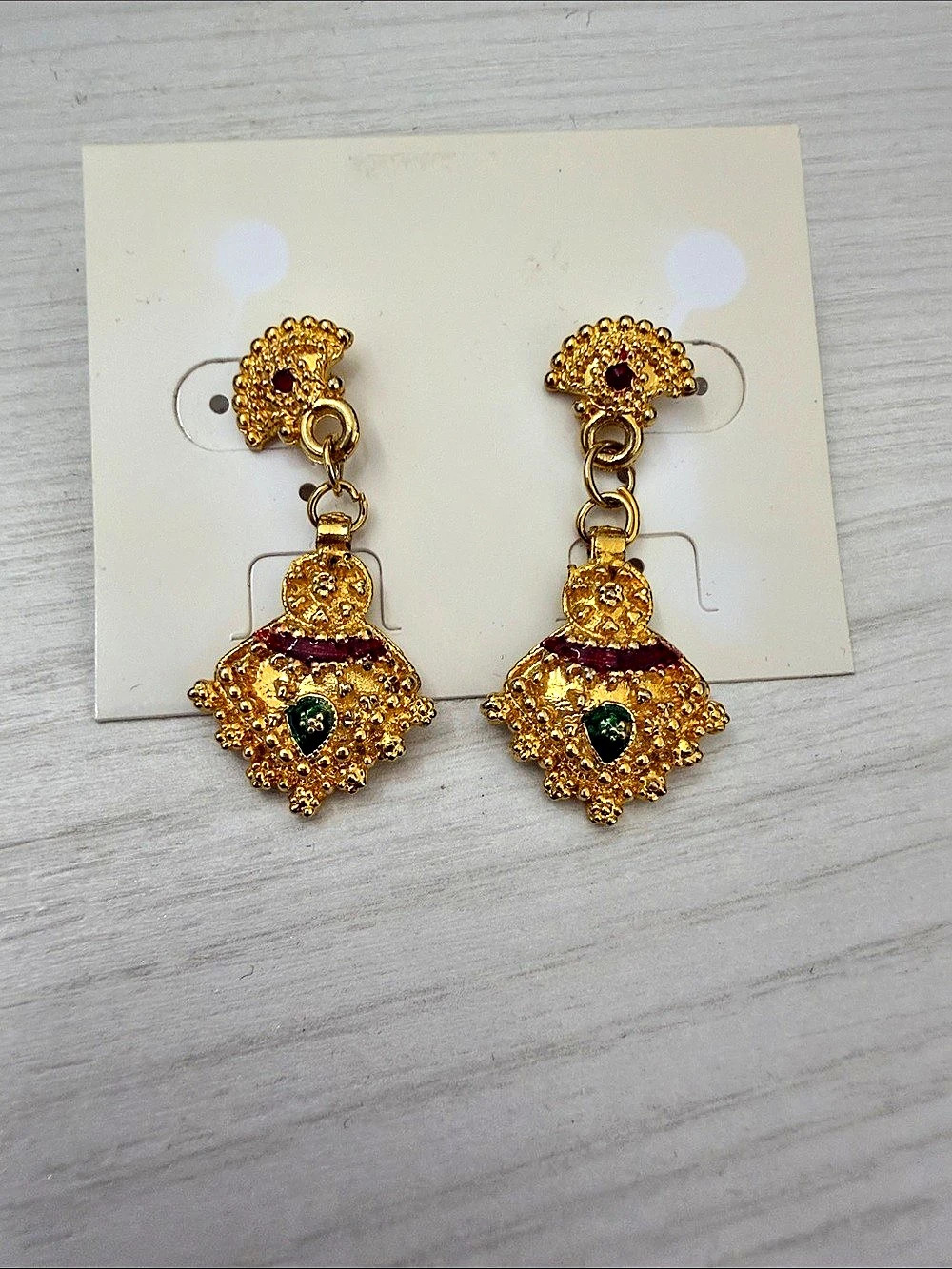 Gold-Tone Drop Earrings Green Stone Like New